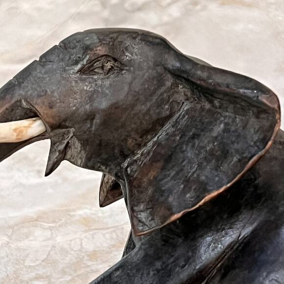 Vintage Hand Carved Elephant With Tusks Trunk Down Dark Wood Sculpture 5" Tall - Picture 10 of 15